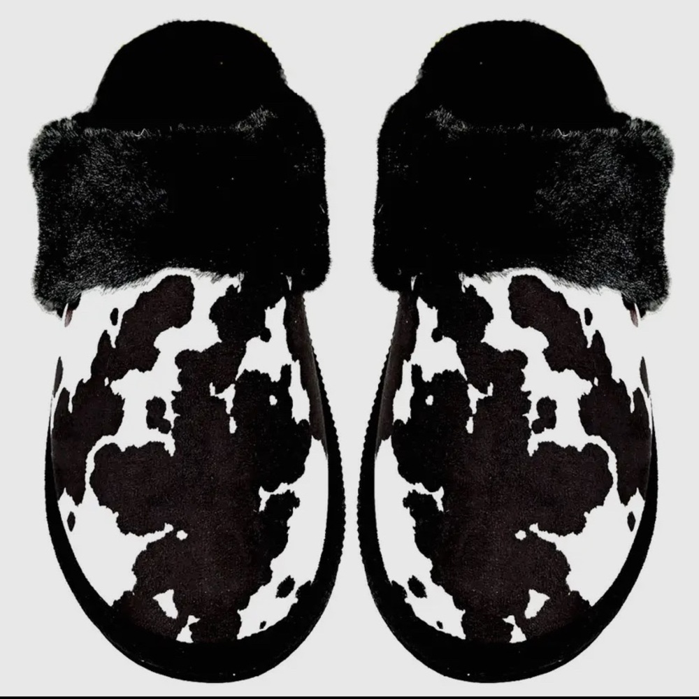 Black and White Cow Print Fur Slippers